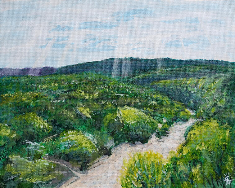 Barton Springs plein air painting, acrylic on canvas, 2020