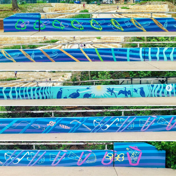 City of San Marcos dual nonverbal litter prevention mural commission over the San Marcos River, 2021