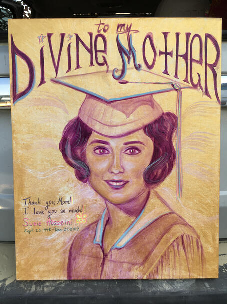 painted my mom's portrait for the temple @ burning man, acrylic and gel pen on canvas, 2018