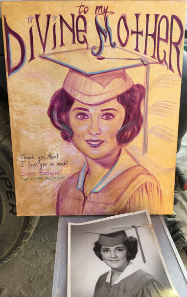 painted my mom's portrait for the temple @ burning man, acrylic and gel pen on canvas, 2018