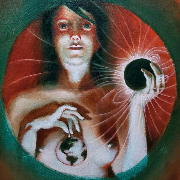 eclipse modified Mucha study, oil on heavyweight paper, 2022